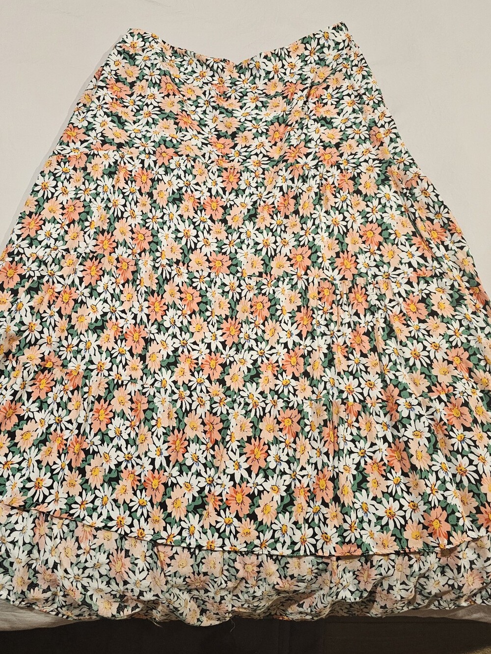 Floral Tiered Midi Skirt in Green and Peach